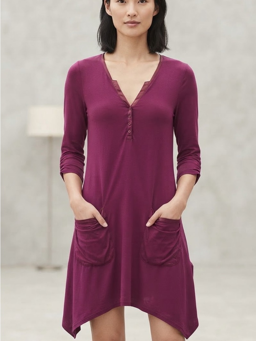 Design History Plum V-Neck 3/4 Sleeve Pocket Chemise Dress